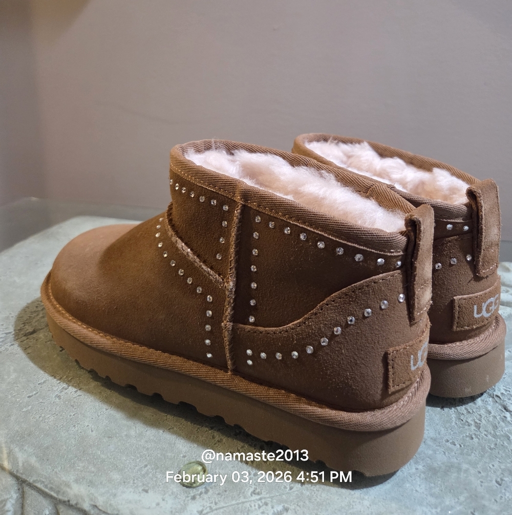 Ugg ULTRA MINI Bling Boots Suede Swarovski Suede Designer Fur Sheaeling #196 - Picture 7 of 16